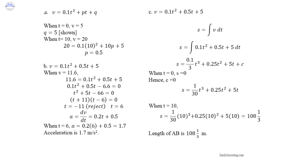 O Level A Math Specimen Paper 1 on kinematics