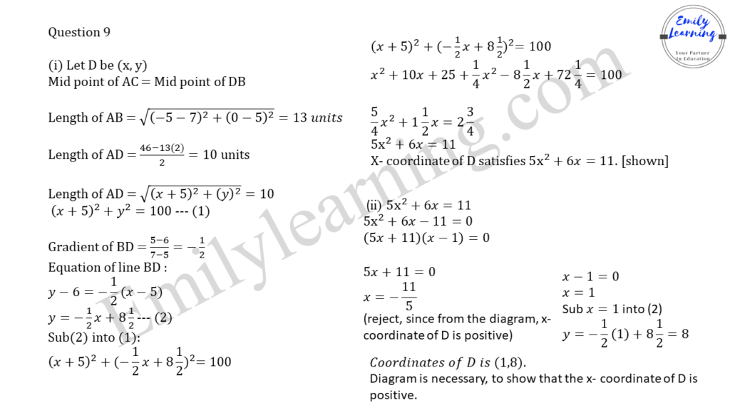 worked solutions of O Level A Math Paper 2 question 9 on coordinate geometry