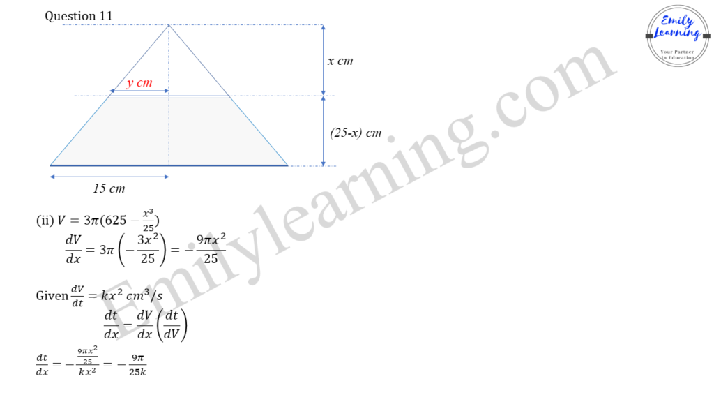 worked solutions of O Level A Math Paper 2 question 11 on rate of change, chain rule, differentiation and integration