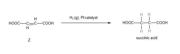 In the last step of this structural elucidation question, the alkene double bond in Z undergoes reduction in the presence of hydrogen and platinum catalyst to form succinic acid.