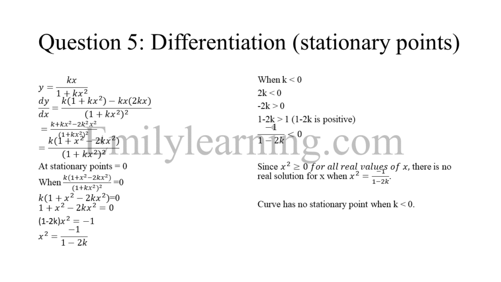 N level specimen paper 1 question 5 on differentiation (stationary points)