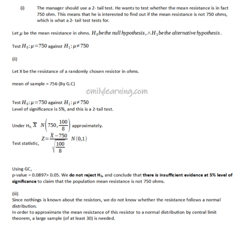 hypothesis testing question worked solution for 2019 A Leve Math paper 2 statistics section