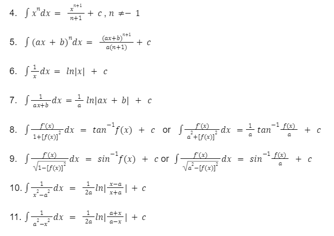here are the integration formula involving integration of algebraic functions