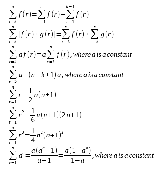 Here are the commonly used formula for summation, which includes summation or r, summation of r square, summation of r cube, and summation of constant terms.